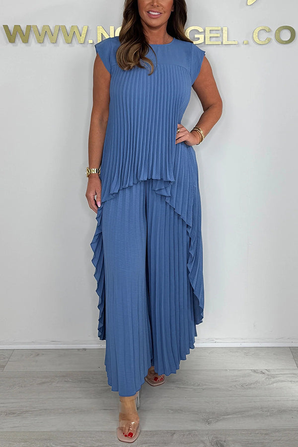 Laney™ – Pleated Top &amp; Elastic Waist Wide-Leg Pants Set